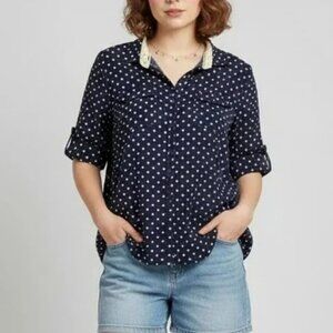 Eden Olivia Polka Dot Button Down Blouse Large Navy Lace Collar